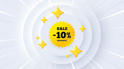 Sale 10 percent off banner. Neumorphic offer 3d banner, coupon. Discount sticker shape. Coupon star icon. Sale 10 percent promo event background. Sunburst banner, flyer or poster. Vector