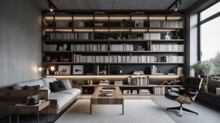 Minimalist bookshelf with an extensive collection. AI generated