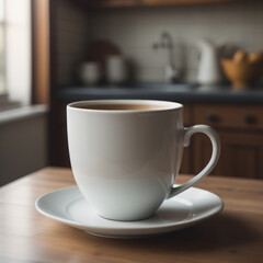 Cup of coffee on kitchen table. Generative AI