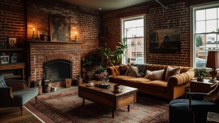 Fototapeta na wymiar Rustic exposed brick fireplace surround. AI generated