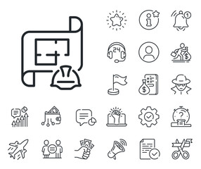 Fototapeta premium Technical documentation sign. Salaryman, gender equality and alert bell outline icons. Engineering plan line icon. Construction helmet symbol. Engineering plan line sign. Vector