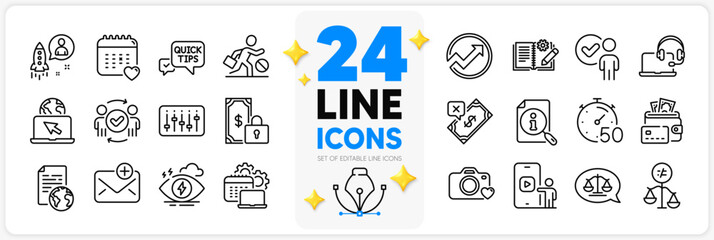 Icons set of Stress, Phone video and Internet document line icons pack for app with Timer, Discrimination, Rejected payment thin outline icon. Private payment, Quick tips, New mail pictogram. Vector