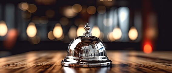 modern hotel bell on wooden table Generative AI - obrazy, fototapety, plakaty
