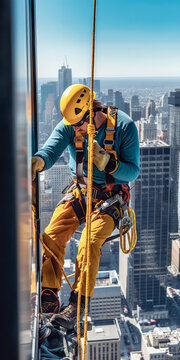 Acrobatic building stunt worker on duty climbing skyscraper. Generative ai.