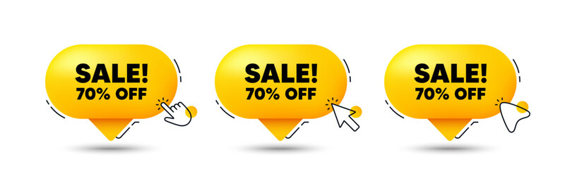 Sale 70 percent off discount. Click here buttons. Promotion price offer sign. Retail badge symbol. Sale speech bubble chat message. Talk box infographics. Vector