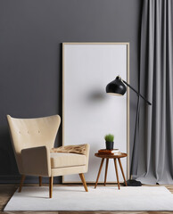 Beige wing chair and big mock up poster near dark gray wall. Interior design of modern living room. Created with generative AI