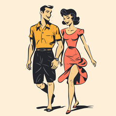 retro cartoon illustration of a happy couple in summer outfit - 600544367