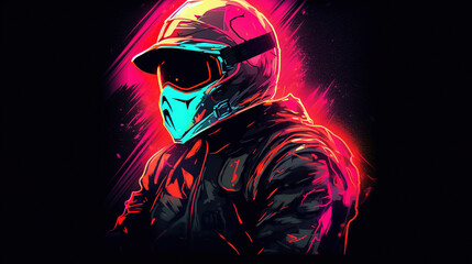 Illustration of a neon motorcyclist in a helmet on a dark background. AI generation