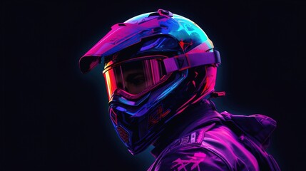 Neon motorcyclist in a helmet on a dark background. AI generation