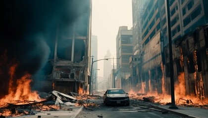 destroyed city with flame and wreckage ai, ai generative, illustration