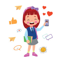 A boy holding a phone and a social media icons on a white background