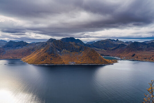 View from Hesten mountain over the Mefjorden towards Bringa mountain and Senjahopen village in Troms og Finnmark, Norway