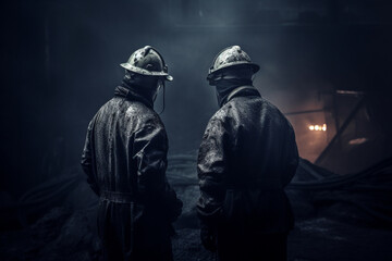 Fototapeta na wymiar Coal miners in underground mine. Generative AI