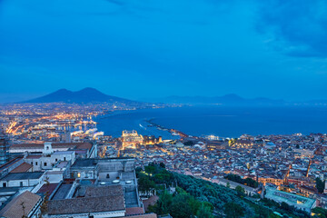 Panoramic scenic view of Naples at night, Italy