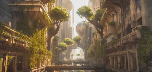 Obraz premium Eco-Friendly Futuristic City with Trees and Vegetation Seamlessly Integrated into Urban Structures, Inspired by Renowned Artists - Generative AI