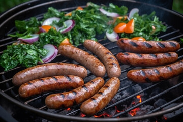Sausage grilled on charcoal grill. Close up view on bbq grid. Generative AI
