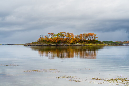 Finnsæter aeria above the actic circle in beautiful autumn colors with colorful trees and flat water, Troms og Finnmark, Norway