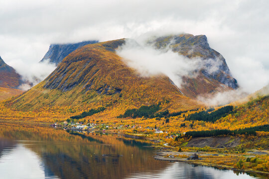 The view over the Nordfjorden in autumn with all the trees in autumn colors is spectacular from the Bergsbotn utsiktsplattform, or viewing platform, in Troms og Finnmark, Norway