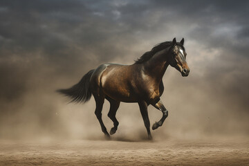 Obraz na płótnie Canvas Portrait of a horse is running in the sand on a cloudy day generative AI technology