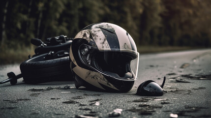 Road accident with a motorcycle on the road. AI generation - obrazy, fototapety, plakaty