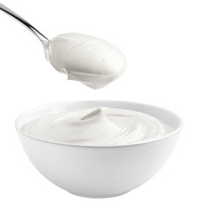 sour cream in bowl and spoon, mayonnaise, yogurt, isolated on white background, full depth of field