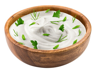 sour cream with onion, parsley, dill, herbs in wooden bowl, mayonnaise, yogurt, isolated on white background, full depth of field