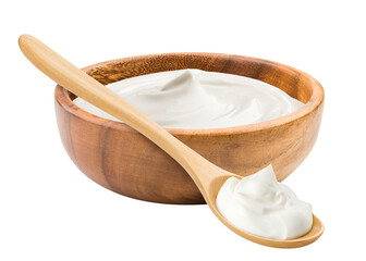 sour cream in wooden bowl and spoon, mayonnaise, yogurt, isolated on white background, full depth of field