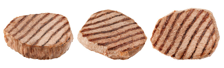 Grilled beef steak isolated on white background, full depth of field