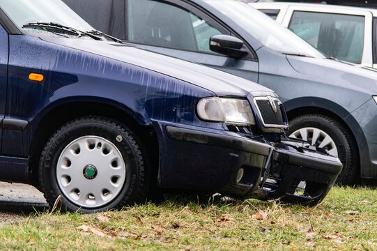 Crashed blue Czech Skoda Felicia vehicle with damaged bumper