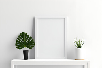 Creative interior concept. White empty wall with blank photo frame and a vase of monstera leaves. Template for product presentation. 3D rendering. copy text space
