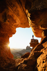 Vertical image woman standing at dramatic viewpoint of Merry-go-round Rock in Sedona Arizona...
