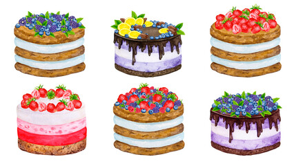 A set of cream cakes decorated with chocolate, berries and fruits. Wedding, birthday, anniversary design. Watercolor holiday clipart for greeting cards, invitations, menus, logos, fabric prints..