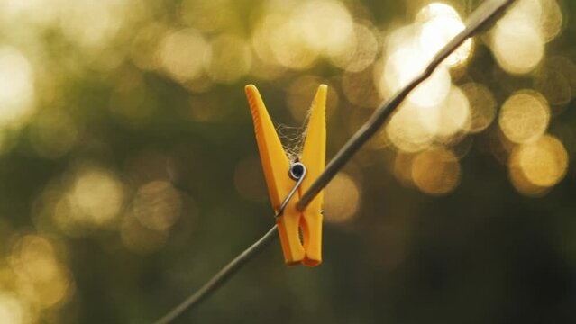 clothes peg on a clothesline, clothespin on the rope, clothes peg on a rope. Yellow clothespin on a rope against the background of the sunset. yellow clothespin on golden sun background