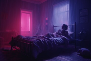 Woman in bed Struggling with Insomnia and Sleep Paralysis, nightmares - obrazy, fototapety, plakaty