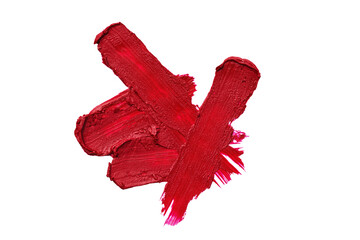 Red lipstick swatch isolated on white background. Brush stroke of lipstick or wet eye shadow for design.