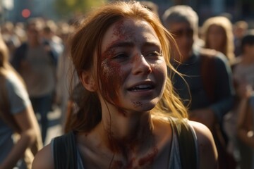 Fototapeta premium Woman activist, protestor female with face in blood, social problem concept