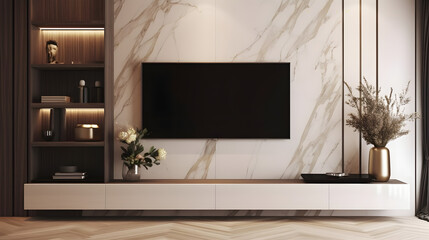 Classic luxury TV with lighting. Modern interior of light beige living room with cabinet for tv on marble wall background. - obrazy, fototapety, plakaty