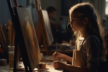 Child girl painting on easel in art studio, Art workshop classes