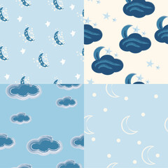 4 in 1 file. Cute seamless pattern with the moon, stars, and clouds in blue color. Vector illustration 