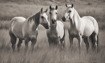 Obraz premium a group of horses standing in a field of tall grass. generative ai