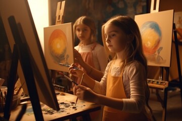 Art workshop classes, group of girls painting in art studio