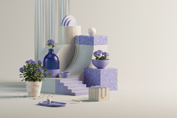 3d render scene with purple and white boxes, glass bottle, pearls and purple flowers