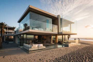 Luxury house with sea view and beach terrace in modern design, Holiday home or holiday villa for large family - Generative AI - obrazy, fototapety, plakaty