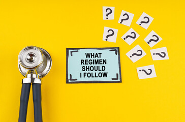 On a yellow background, a stethoscope, question marks and a sticker with the inscription - What regimen should I follow