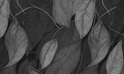  a black and white photo of a bunch of leaves on a wall.  generative ai