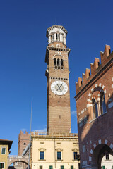 Fototapeta na wymiar The Torre dei Lamberti, medieval tower in Verona, northern Italy. UNESCO World Heritage Site.
