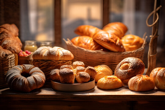 French bakery, different kinds of delicious fresh breads, cakes, buns and pastries in a baker shop cafe, front view. generative ai