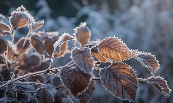  a close up of a plant with frost on the leaves.  generative ai