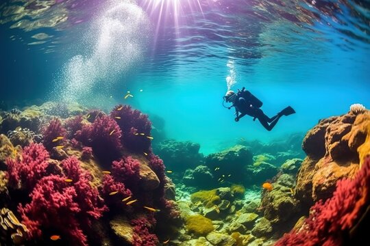 Underwater photographer videographer scuba dives in the sea. underwater photography and videography concept - Generative AI