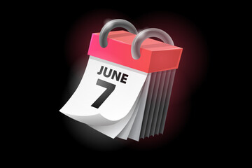 June 7 3d calendar icon with date isolated on black background. Can be used in isolation on any design.